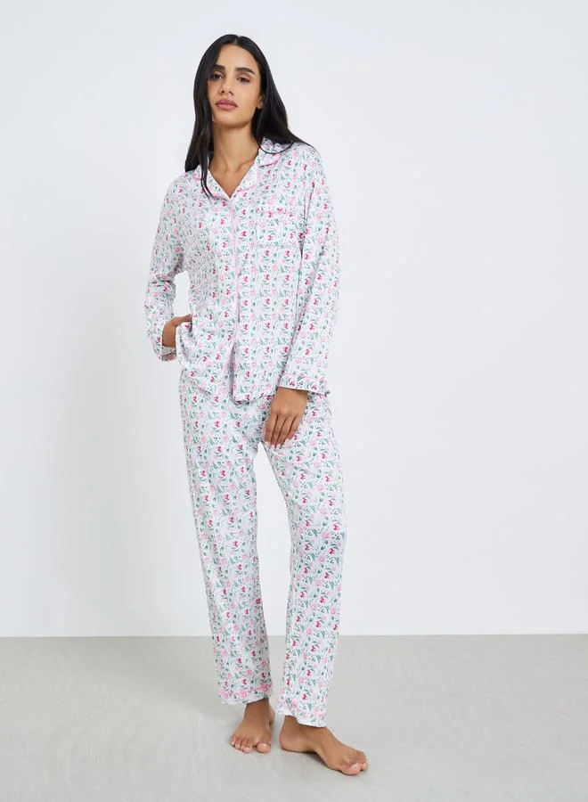 Styli Floral Print Shirt and Pyjama Set